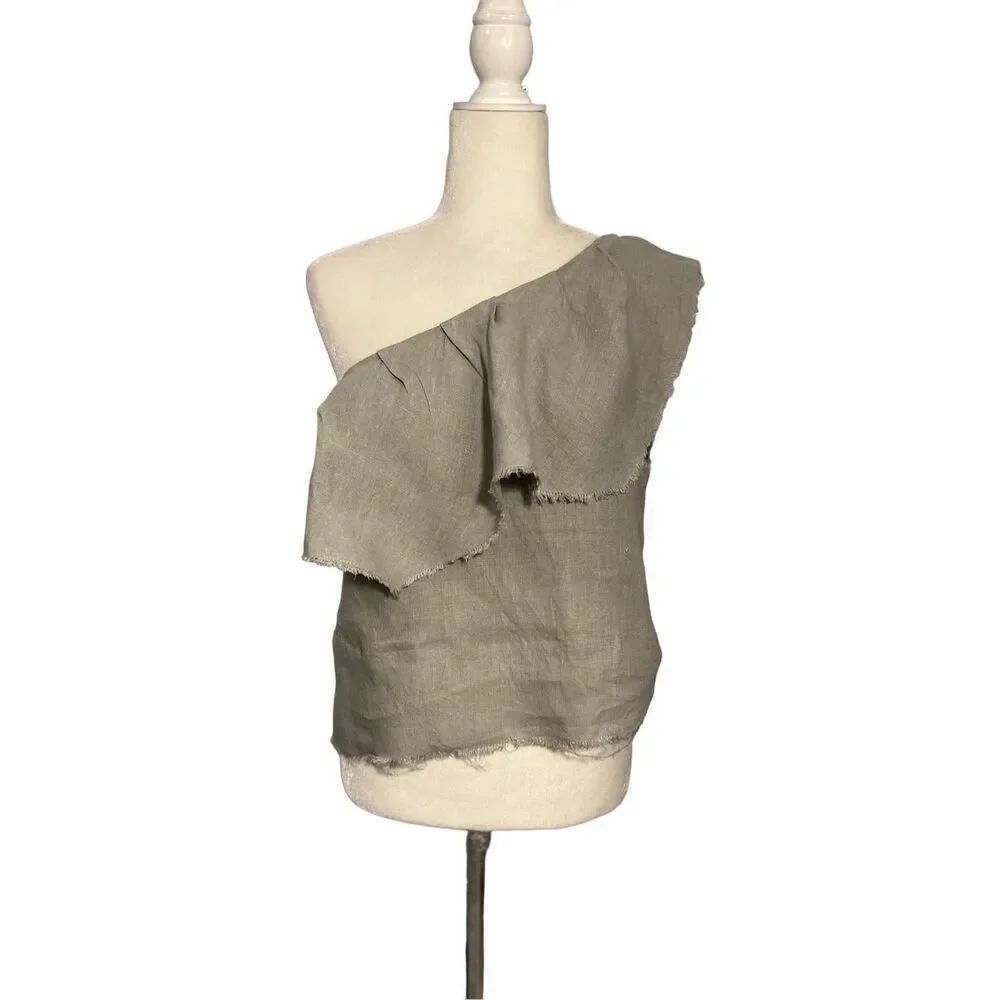 ZARA one-shoulder gray linen blouse with distressed layered front - XS